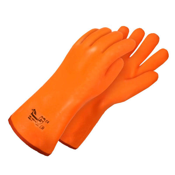 Cimdi no PVC materiāla ar adītu siltinātu oderi.